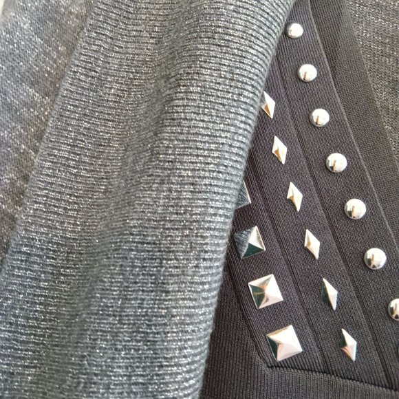 Cache Grey V-Neck Strappy Knit Silver Studded Tank and Matching Cardigan - Picture 6 of 9